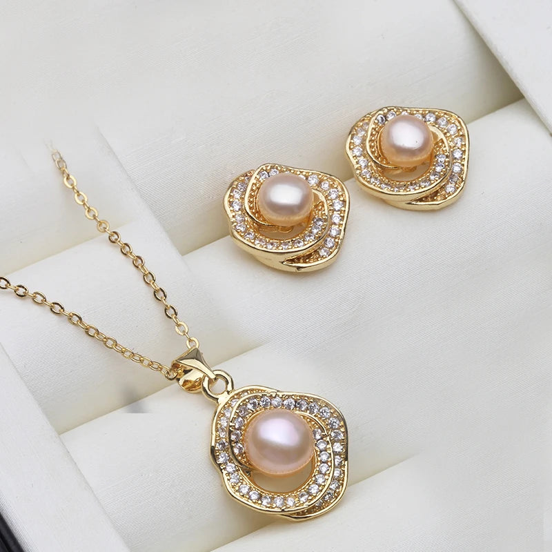 Real Natural Pearl Necklace and Earrings Set,Gold Plated Freshwater Pearl