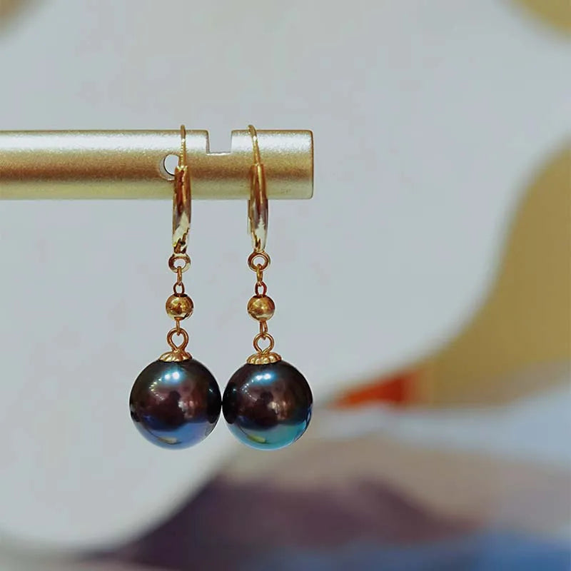 Real 18K Gold Tahitian Pearl Earrings For Women,Wedding Natural Sea Black Pearl Gold Earrings