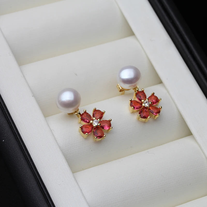 Real Natural Freshwater Pearl Earrings For Women,Flower Red