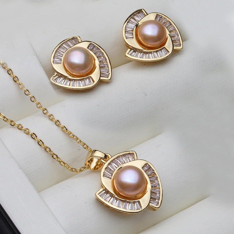 Real Natural Freshwater Set With Pearl Earrings And Necklace Woman,Gold Plated Pearl Set