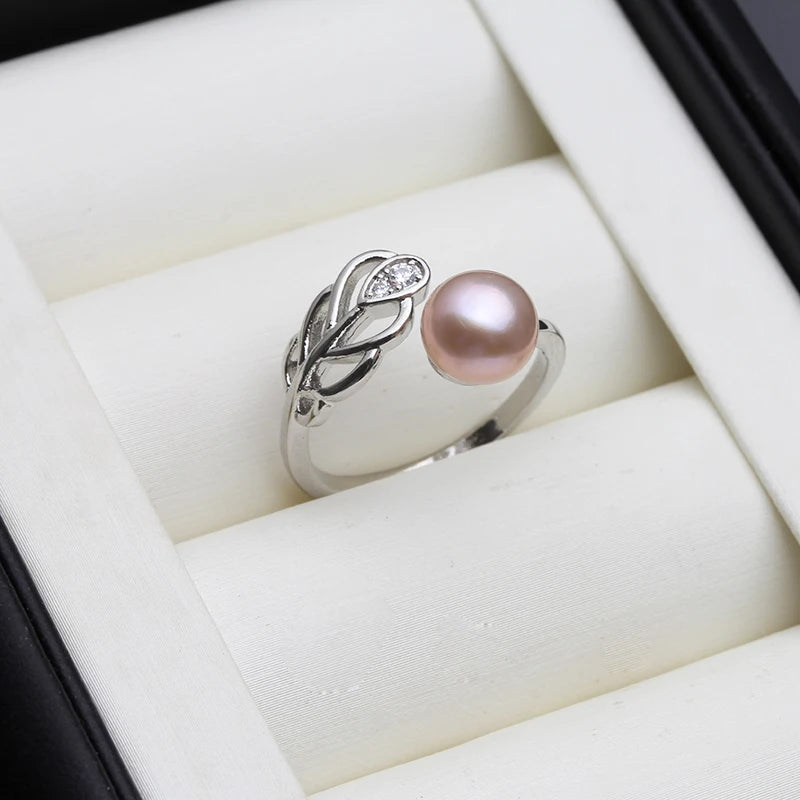 Freshwater 925 Silver Pearl Rings For Women,Natural Lady Pearl Open Ring Adjustable
