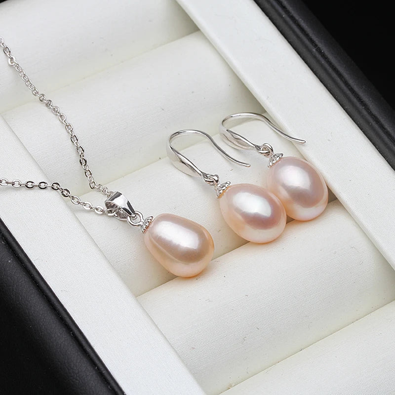 Natural Freshwater Set With Pearl Earrings And Necklace 925 Silver Jewelry Set