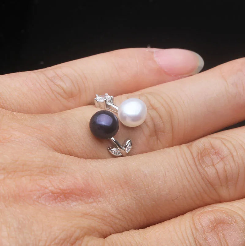 Real 925 Sterling Silver Pearl Ring Double Ladies Woman,White Natural Freshwater Adjustabl