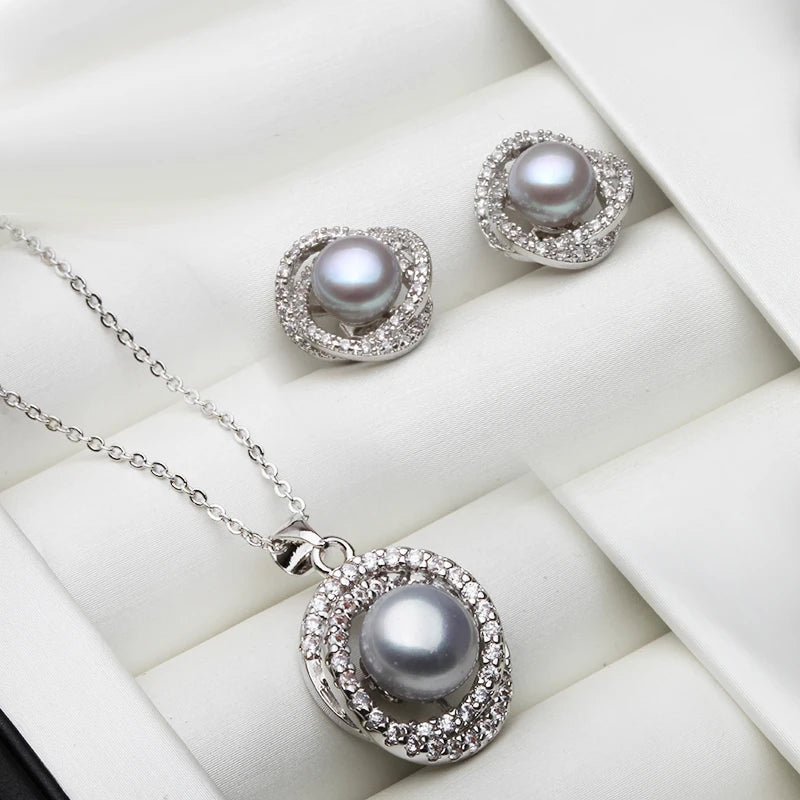 Real White Black Natural Pearl Necklace Earring Set  925 Sterling Silver Fine Jewelry