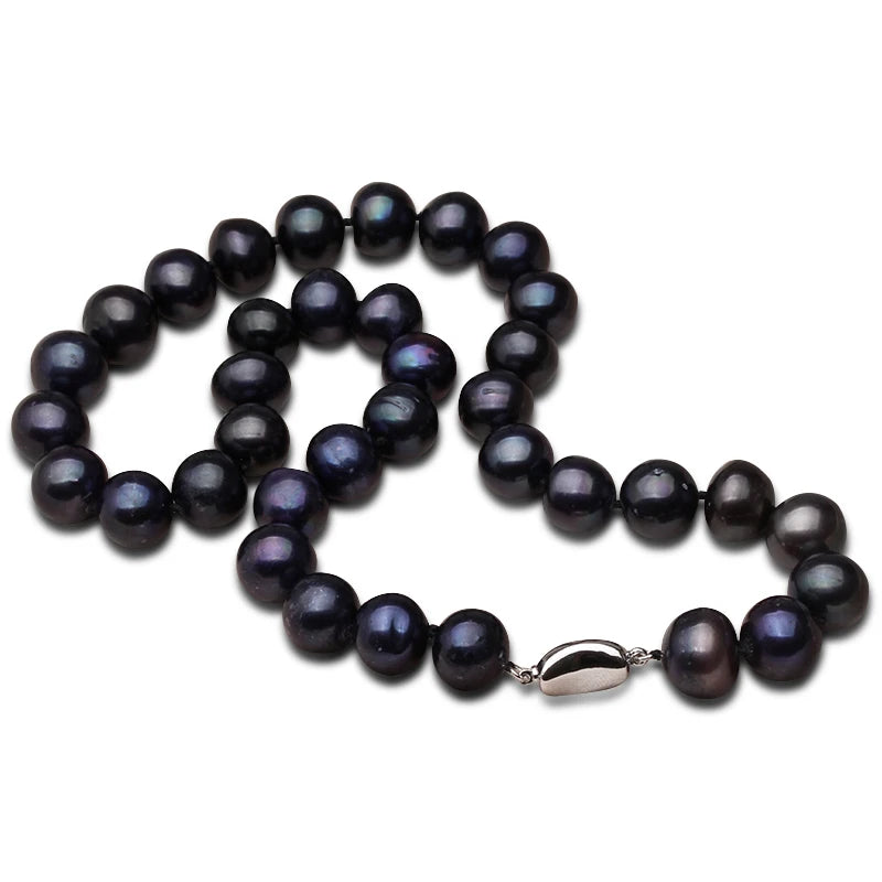 Real Freshwater Big Pearls For Necklaces For Women,Vintage Near Round Black Pearl Necklaces 925