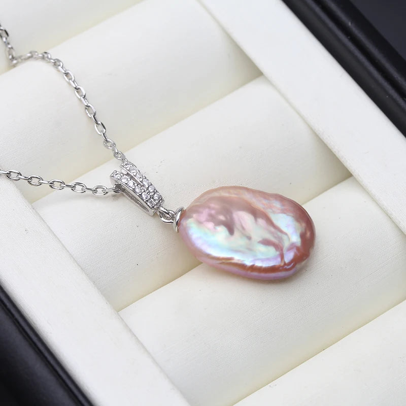 Real Natural Baroque Flat Pearl Pendant 925 Silver Woman,Wedding Freshwater Pendant