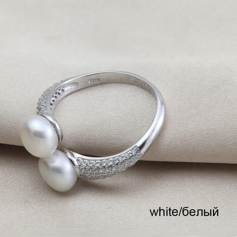 Real Natural Freshwater Black Double Pearl Ring,Exquisite 925 Sterling Silver Ring Fine Jewelry Adjustable