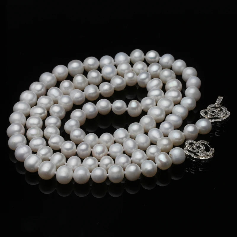 Trendy Natural Long Pearl Necklace for Women,Wedding White Freshwater Round Pearl Necklace