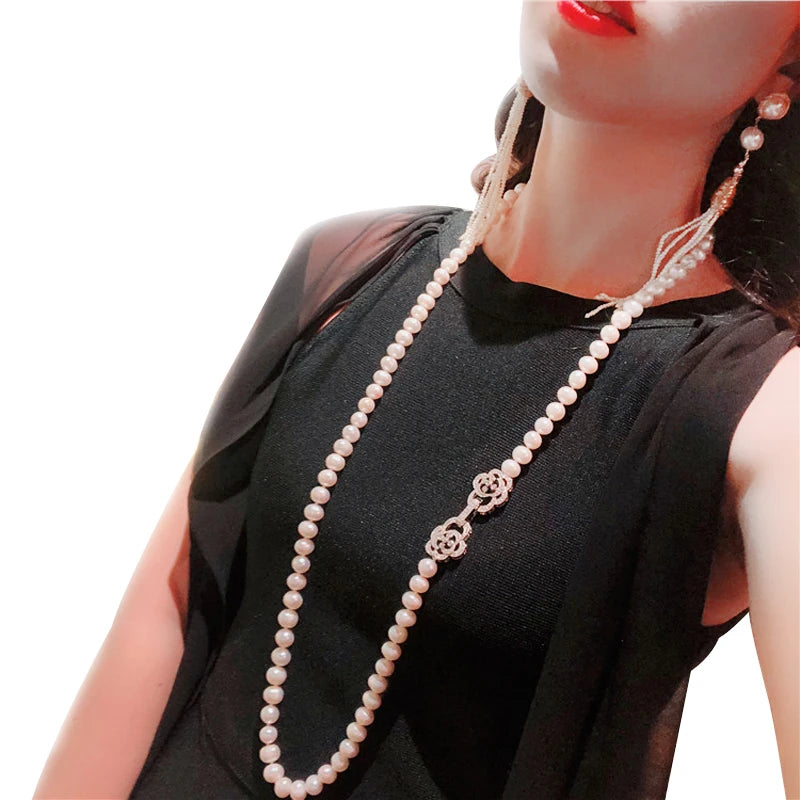 Trendy Natural Long Pearl Necklace for Women,Wedding White Freshwater Round Pearl Necklace