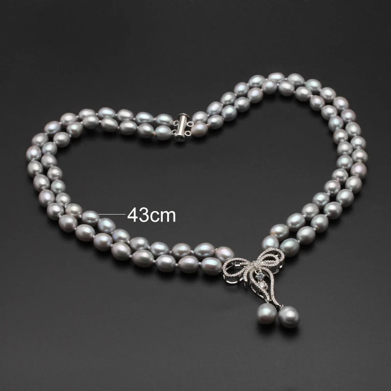 Real Luxury Grey Double Multilayer Pearl Necklace Women,Rice Freshwater Pearl Necklace Pendant Layered