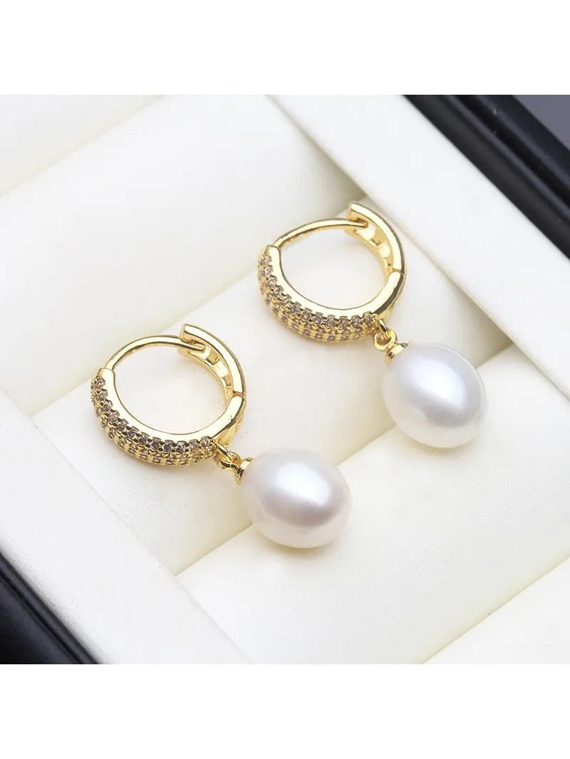 Genuine White Fresh Water Pearl Earrings Jewelry Woman,Bridal Gold Plated Hoop Earrings