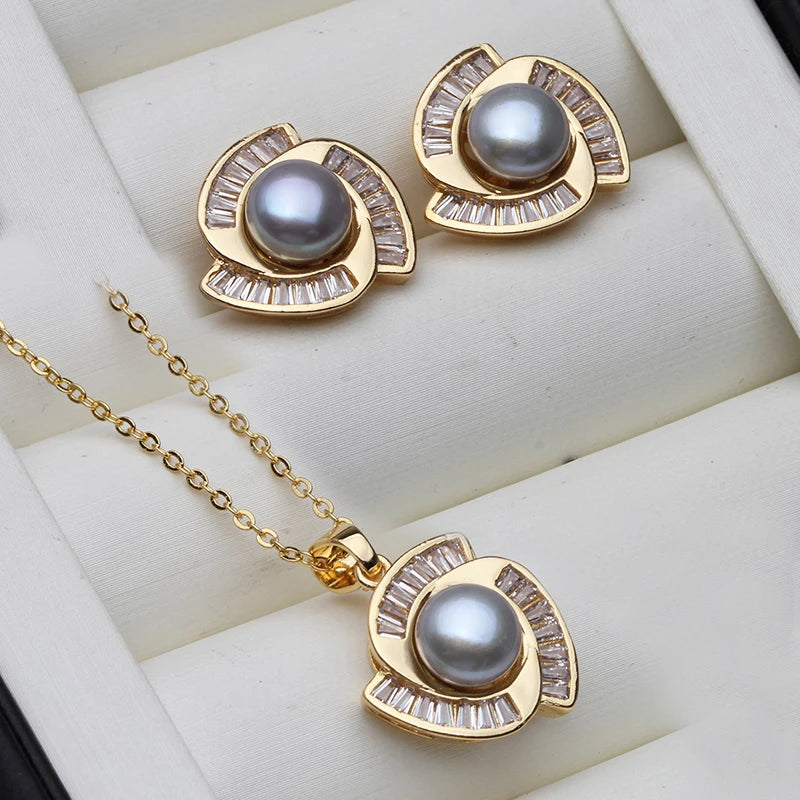 Real Natural Freshwater Set With Pearl Earrings And Necklace Woman,Gold Plated Pearl Set