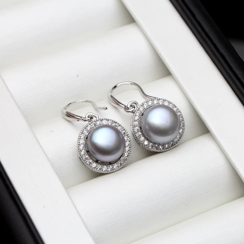 Cultured Natural Freshwater Black Pearl Earrings,925 Sterling Silver Pearl Earrings