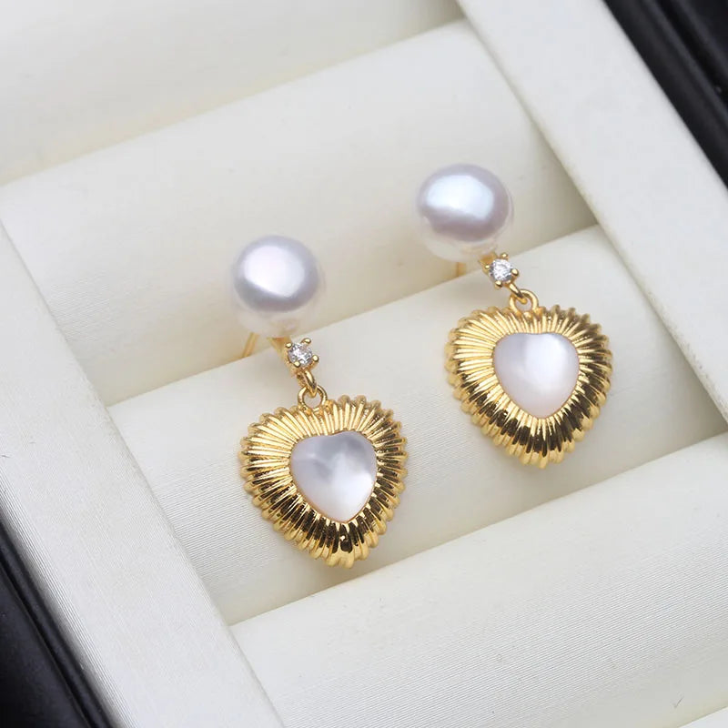 Genuine Fresh water Stud Earrings with Pearls Woman,Natural Heart Pearl Earrings Jewelry