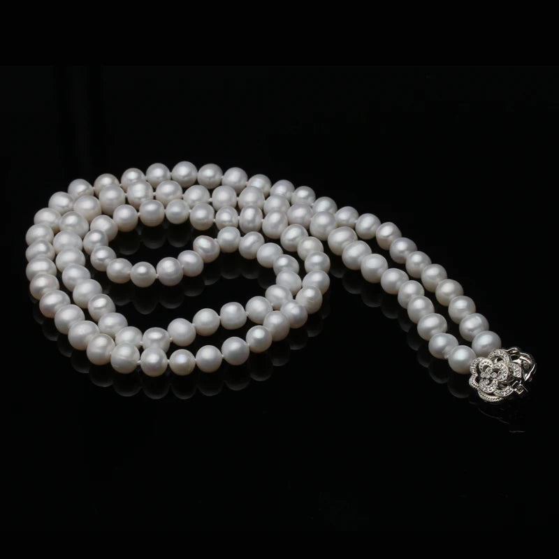 Trendy Natural Long Pearl Necklace for Women,Wedding White Freshwater Round Pearl Necklace