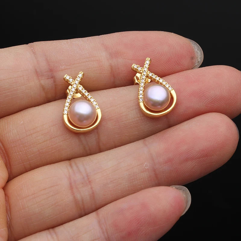 Genuine Bridal White Natural Pearl Earrings For Woman,Trendy Stud Earrings