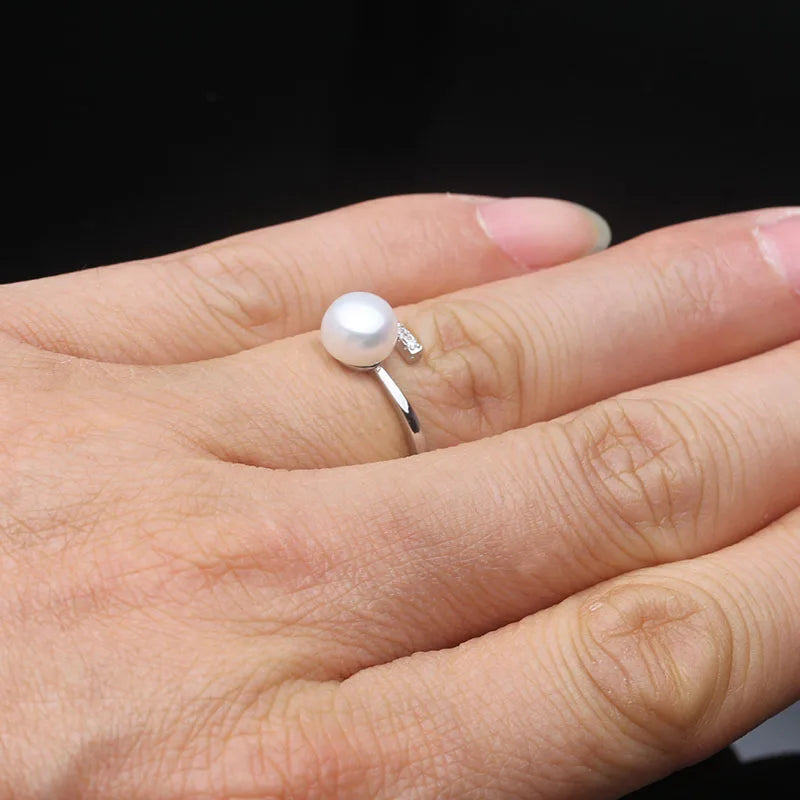 Real Freshwater Natural Black Pearl Rings,Vintage 925 Silver Adjustable Pearl Ring