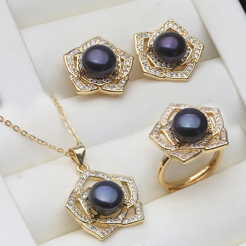 Real Natural Freshwater Pearl Necklace and Earring Set For Women,Gold Plated Pearl Jewelry Set