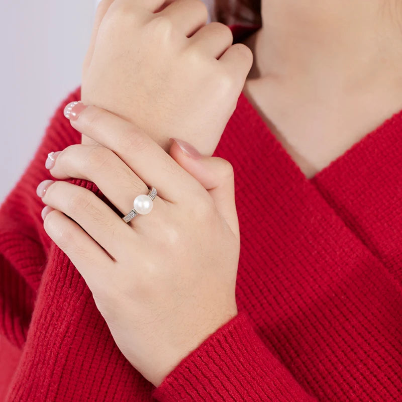 Real Natural Freshwater Pearl Rings For Women,Sterling Silver Open Pearl Ring Adjustable