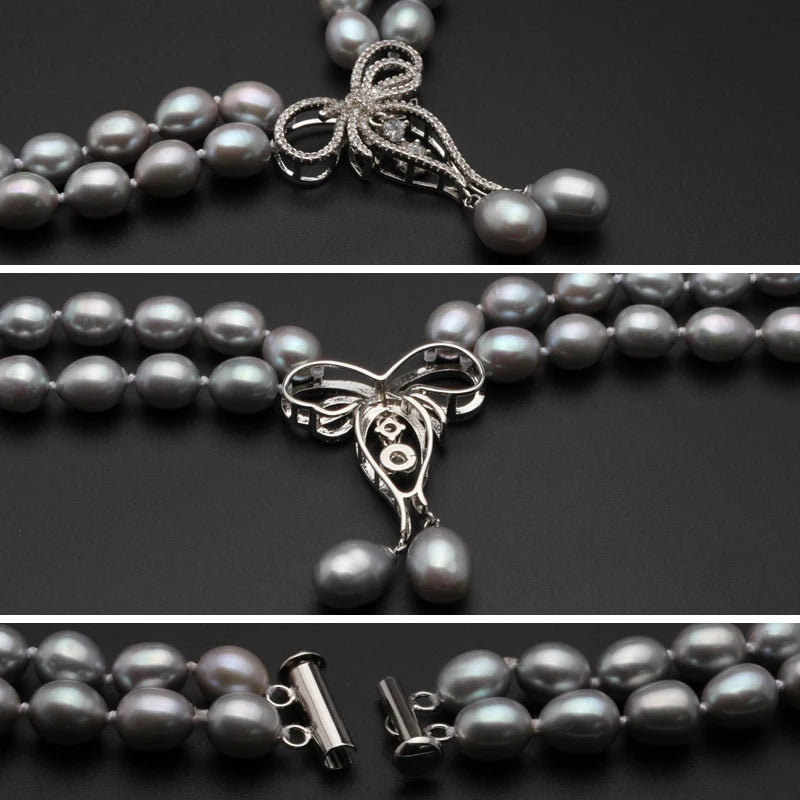 Real Luxury Grey Double Multilayer Pearl Necklace Women,Rice Freshwater Pearl Necklace Pendant Layered