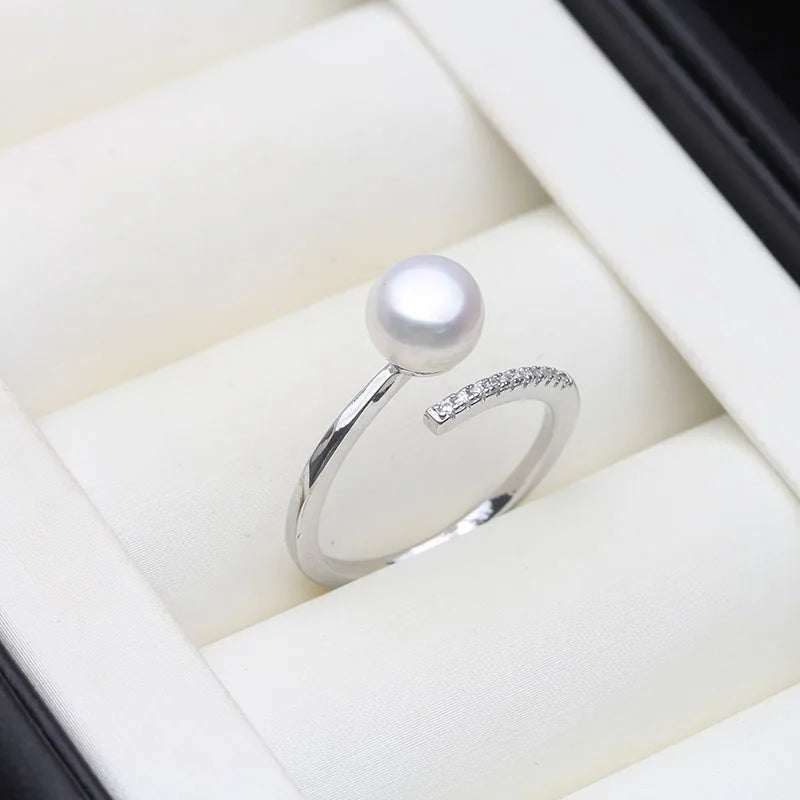 Real Freshwater Natural Black Pearl Rings,Vintage 925 Silver Adjustable Pearl Ring