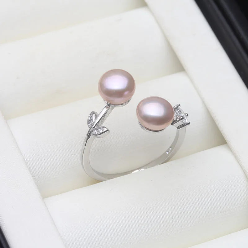 Real 925 Sterling Silver Pearl Ring Double Ladies Woman,White Natural Freshwater Adjustabl