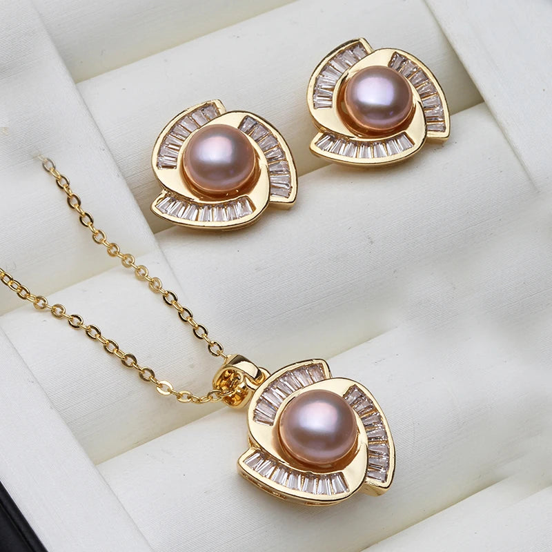 Real Natural Freshwater Set With Pearl Earrings And Necklace Woman,Gold Plated Pearl Set