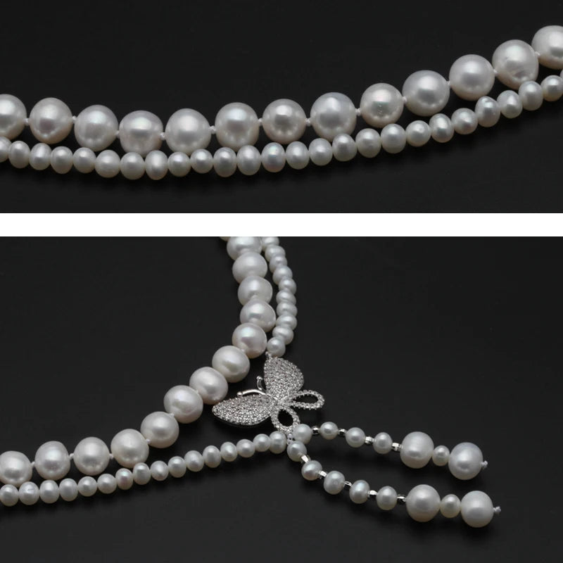 Real Natural Freshwater Double Pearl Necklace Choker