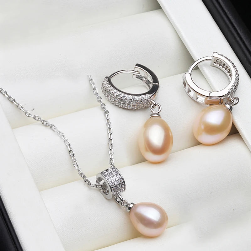 Natural Freshwater Pearl Necklace And Earrings Set trendy 925 Silver Pearl Jewelry Set
