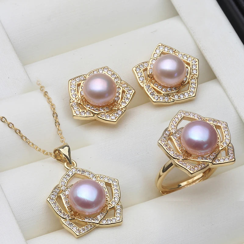 Real Natural Freshwater Pearl Necklace and Earring Set For Women,Gold Plated Pearl Jewelry Set