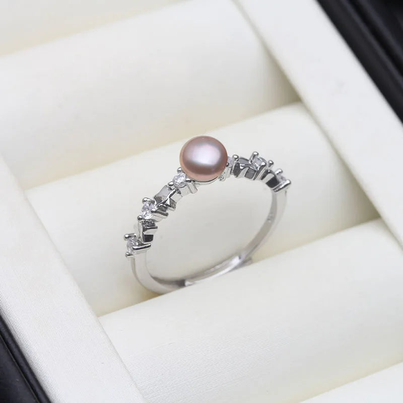 Genuine Freshwater Natural Pink Pearl Rings,Cute Small 925 Pearl Women Rings Adjustable