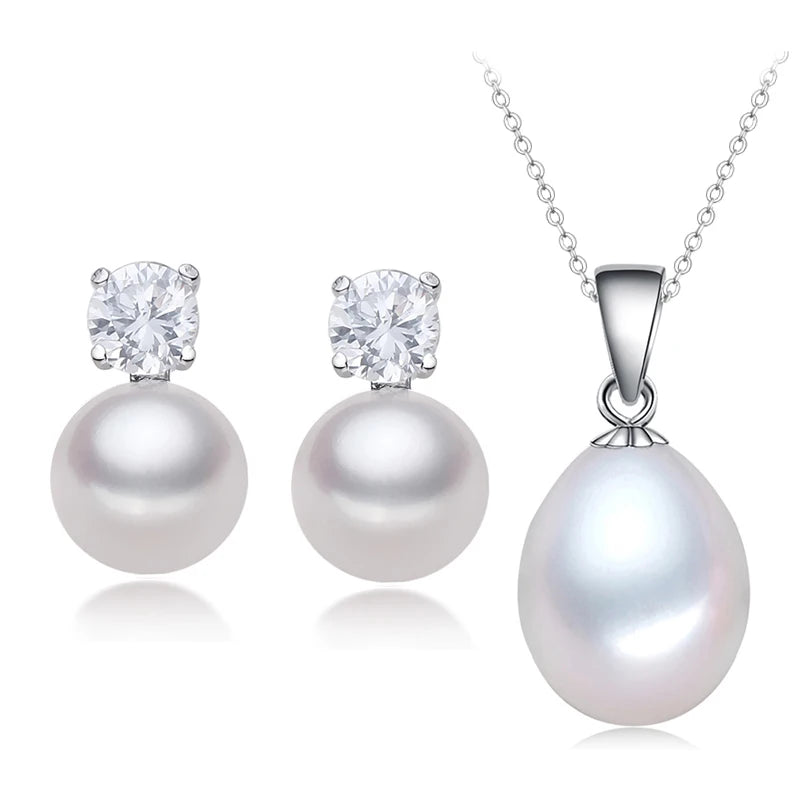 925 Silver Freshwater Pearl Necklace Earring Set Real Natural Pearl Set