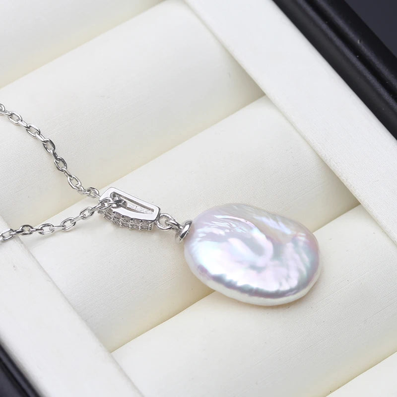 Real Natural Baroque Flat Pearl Pendant 925 Silver Woman,Wedding Freshwater Pendant