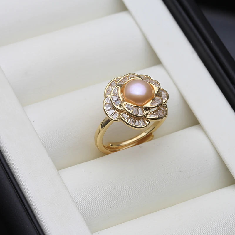 Natural Freshwater Ring with Real Pearls,White Adjustable Pearl Ring
