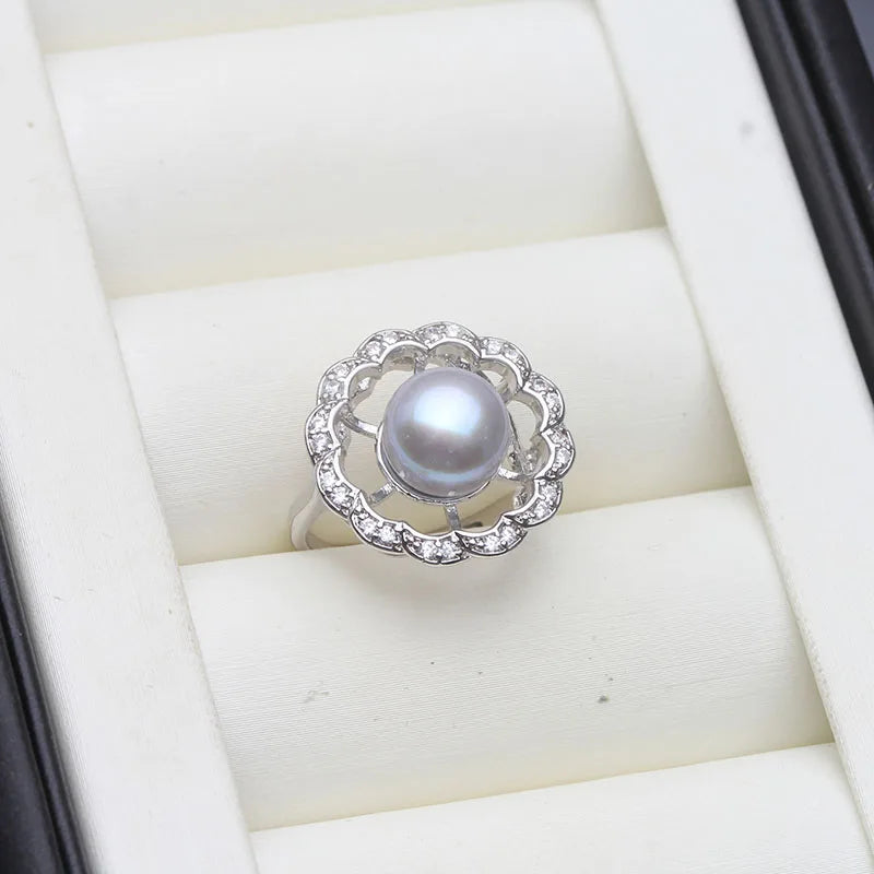 Real Freshwater Pearl Rings Women,White Adjustable Natural Cultured Pearl Rings 925 Silver