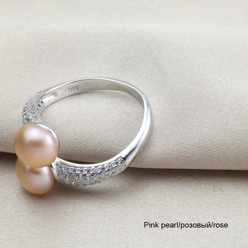 Real Double 925 Sterling Silver Pearl Rings Natural Freshwater Pearl Ring Adjustable
