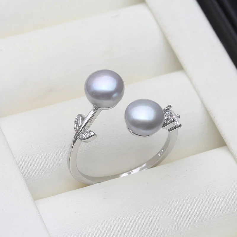 Real 925 Sterling Silver Pearl Ring Double Ladies Woman,White Natural Freshwater Adjustabl