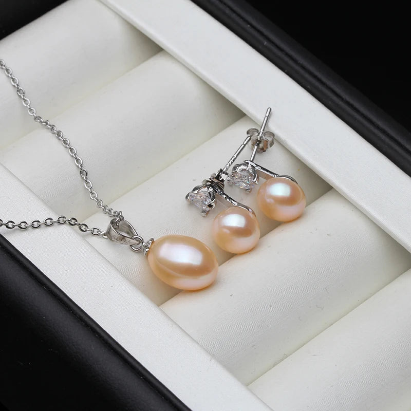 925 Silver Freshwater Pearl Necklace Earring Set Real Natural Pearl Set