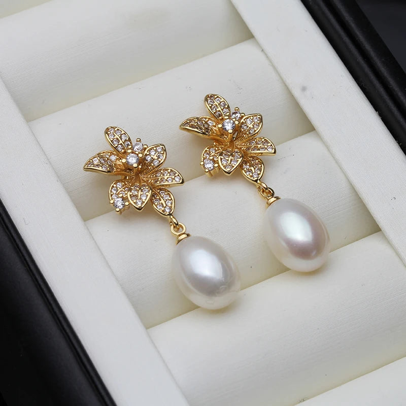 Genuine Natural Freshwater Pearl Earrings For Women,White Flower Pearl Drop Earrings