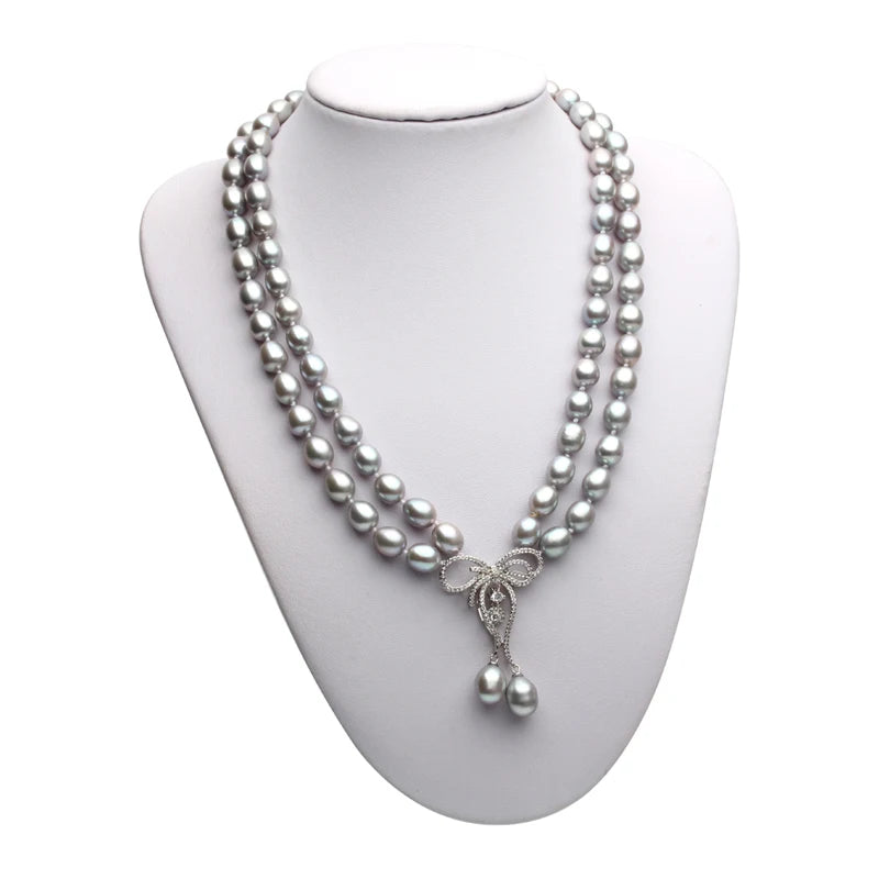 Real Luxury Grey Double Multilayer Pearl Necklace Women,Rice Freshwater Pearl Necklace Pendant Layered