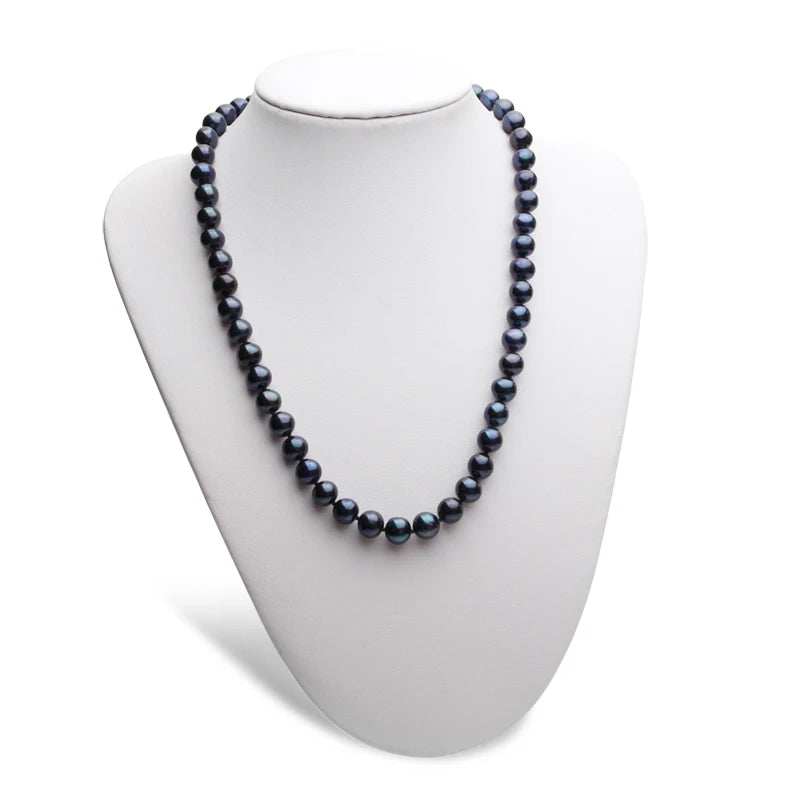 Natural Freshwater Round Black Pearl Necklace For Women 925 Silver Mother