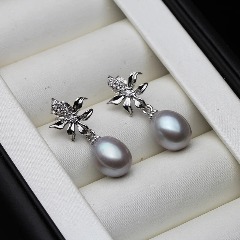 White Freshwater Natural Pearl Earrings Trendy Leaf 925 Silver Earring Fine Jewelry