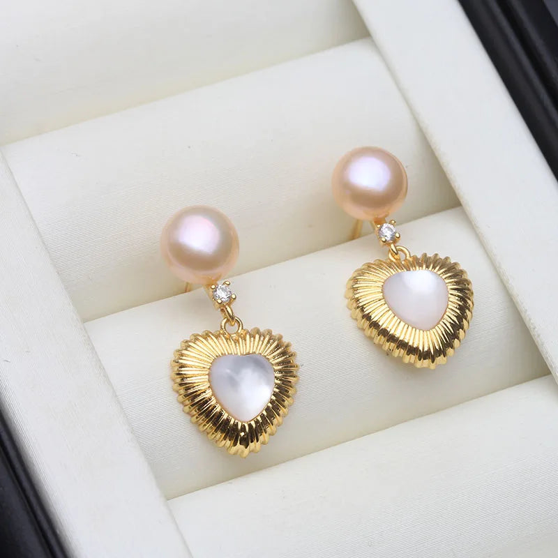 Genuine Fresh water Stud Earrings with Pearls Woman,Natural Heart Pearl Earrings Jewelry