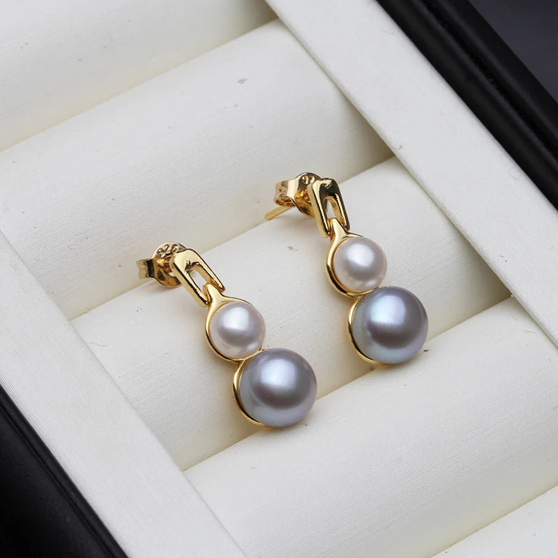 Beautiful White Double Pearl Earrings For Women,Real Natural Freshwater Stud Earrings Pearl