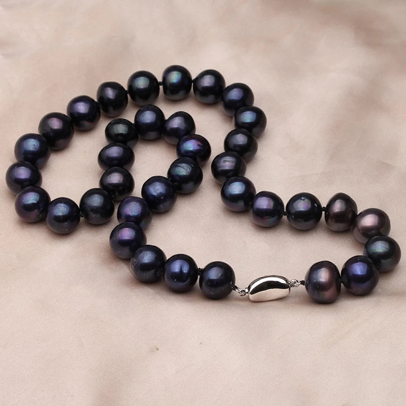 Real Freshwater Big Pearls For Necklaces For Women,Vintage Near Round Black Pearl Necklaces 925