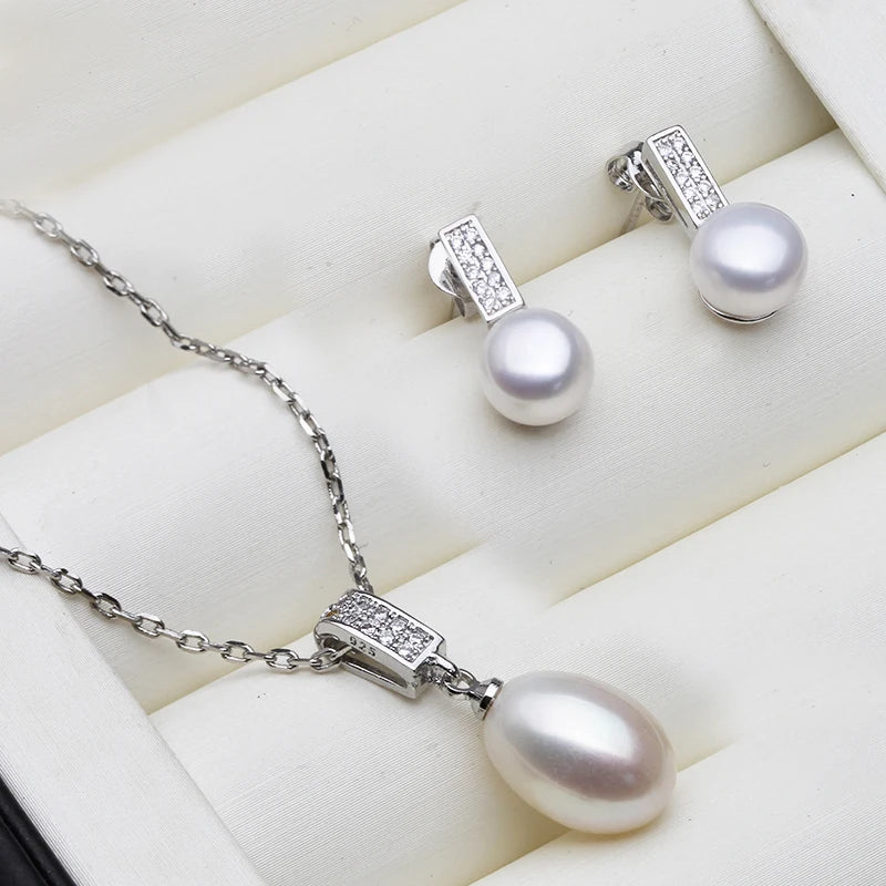 925 Silver Natural Freshwater Pearl Necklace and Earrings Jewelry Set
