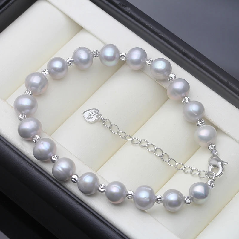 Real Grey Natural Freshwater Pearl Bracelets Ladies Woman,Cute Vintage Pearl Bracelet Child Wife Mother Birthday Gifts 18-21cm