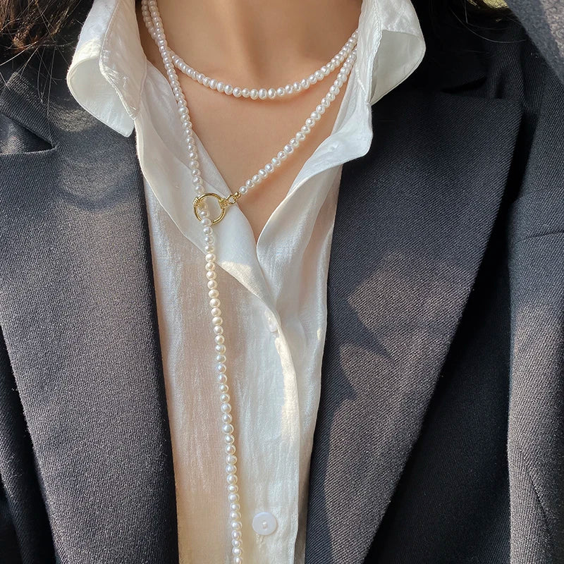 Real White Natural Freshwater Pearl Necklace Long Woman,Small Pearl Sweater Necklace