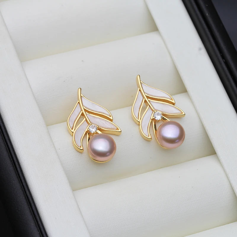 Geniune Natural Pearl Stud Earrings For Women,Vintage Gold Plated Freshwater Pearl Earrings