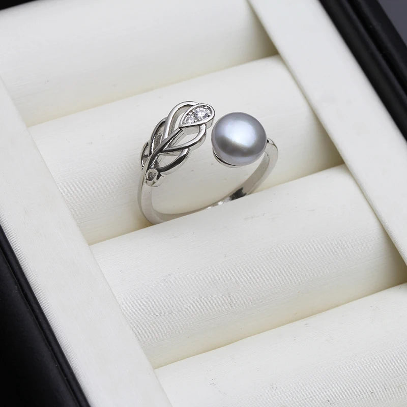 Freshwater 925 Silver Pearl Rings For Women,Natural Lady Pearl Open Ring Adjustable